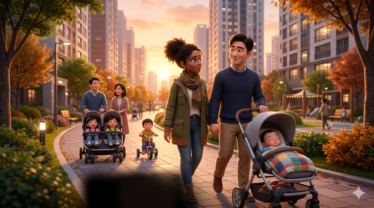 Multicultural expat parents walking with their premature baby in a stroller in Korea