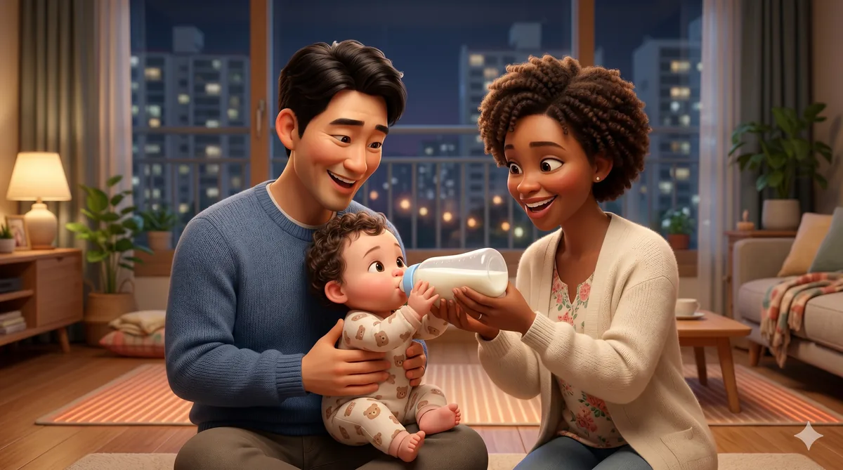 Multicultural parents feeding their premature baby at home in Korea