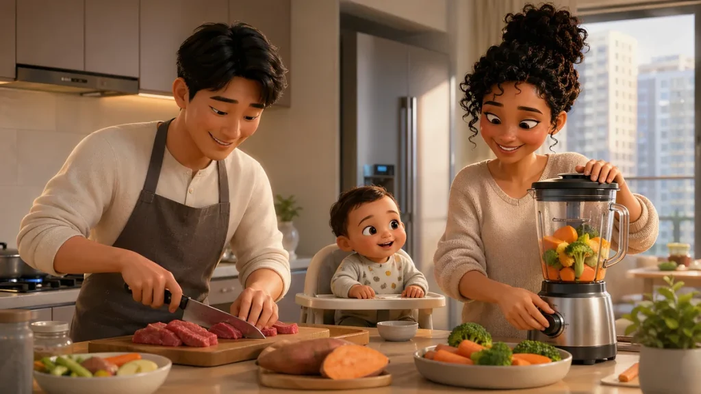 ミキサーを使った野菜と牛肉の離乳食作り