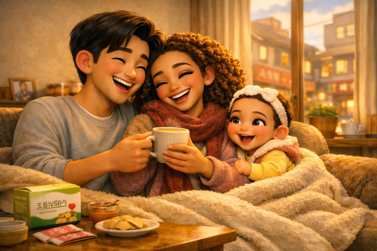 An expat family successfully surviving the hwanjeolgi seasonal shift by resting and recovering on the sofa.