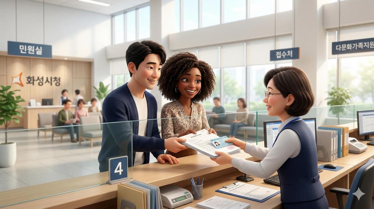 People stand at a public service counter inside a government office building interacting with clerks.