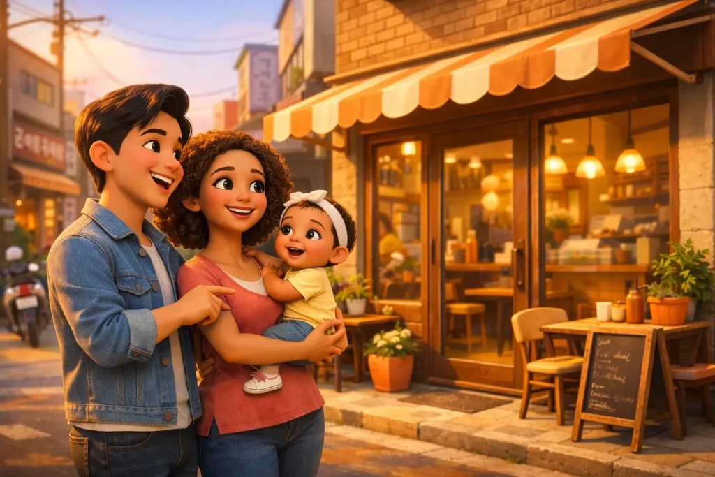 A multicultural family standing outside their new Seoul cafe, supported by the Seoul small business support for foreigners program.