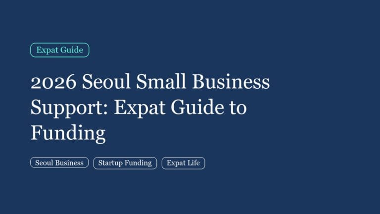 A title card for the 2026 Seoul Small Business Support Expat Guide to Funding.