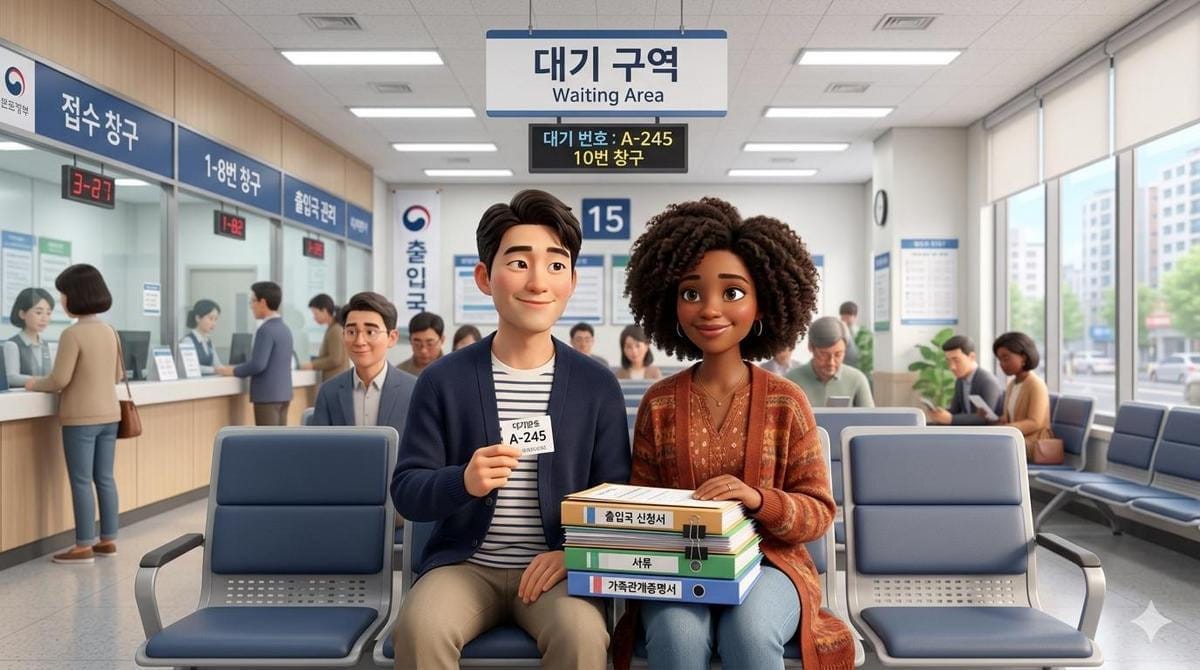 대기실에 앉아 두꺼운 서류 바인더를 들고 있는 사람.