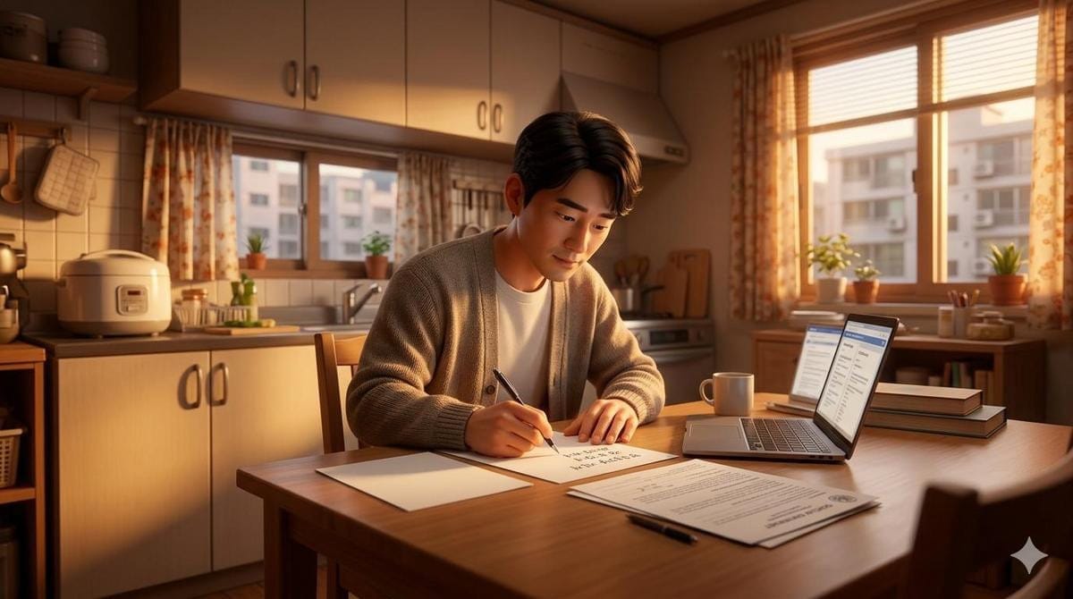 A person holds a pen and writes on a printed document containing English text.