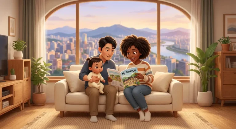 A happy family in Gyeonggi reading a "My Gyeonggi magazine" together.