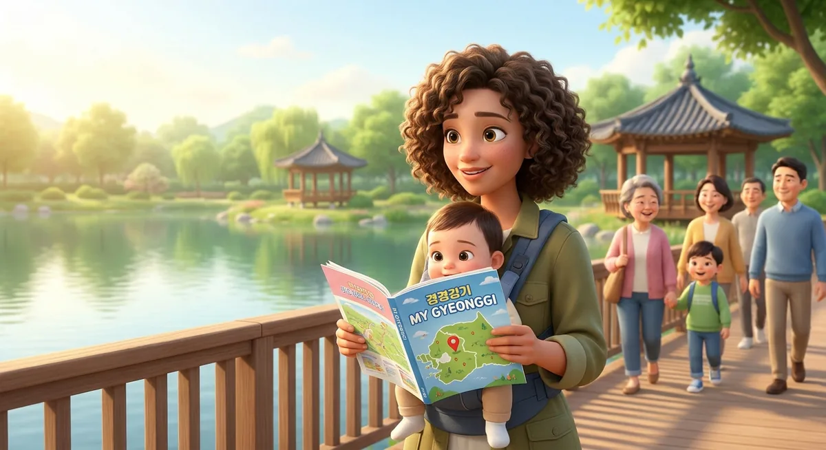 Parent taking a walk with a baby while reading a