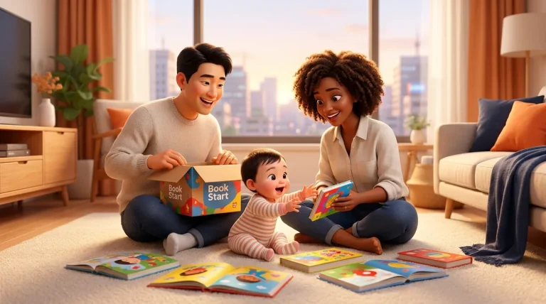 A happy family reads free baby books Hwaseong Korea together, promoting early literacy.