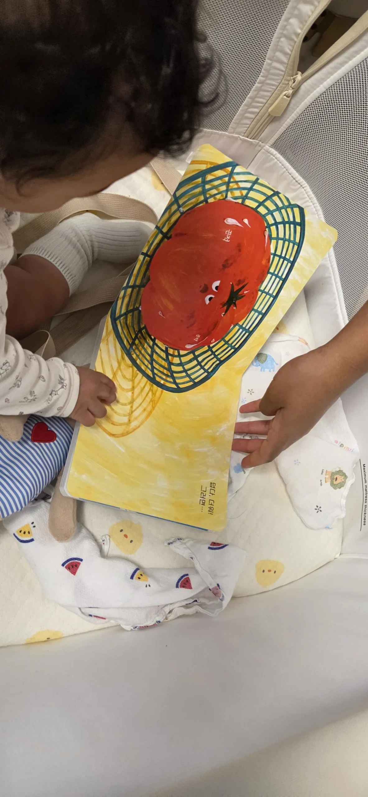 A baby girl explores books from Book Start Korea book bundle contents in her bassinet.