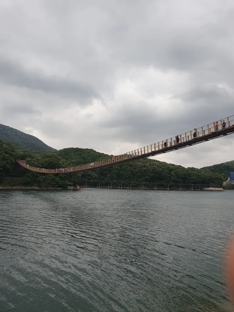Wide view of Majang Lake suspension bridge stretching over calm water in Paju