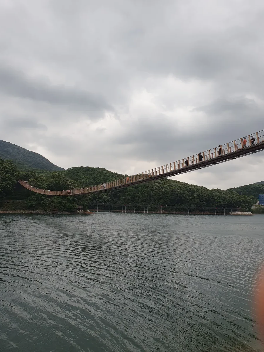 水上に伸びる馬場湖水吊り橋の全景