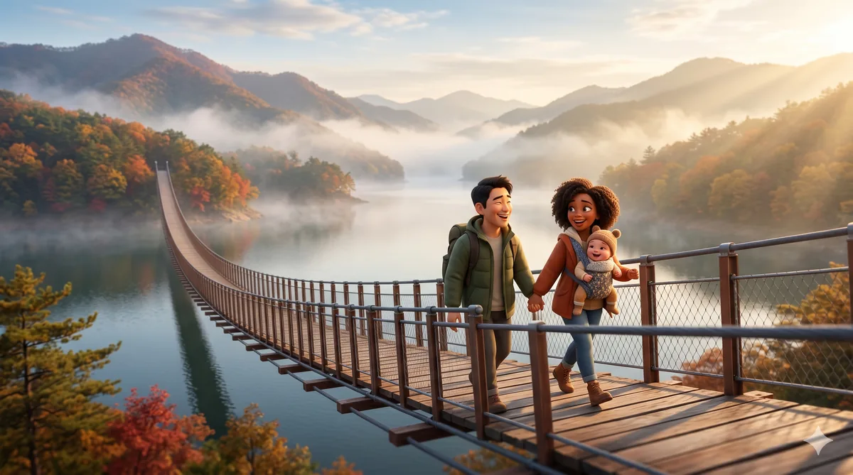 Family walking across the misty Majang Lake suspension bridge in Paju