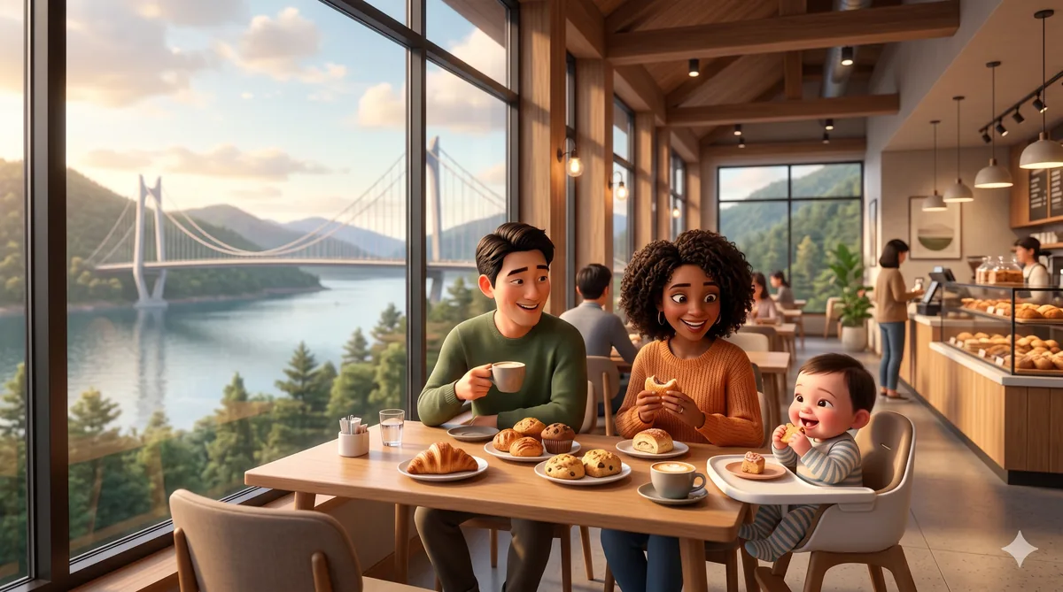 Family relaxing at Red Bridge Cafe overlooking the Majang Lake suspension bridge