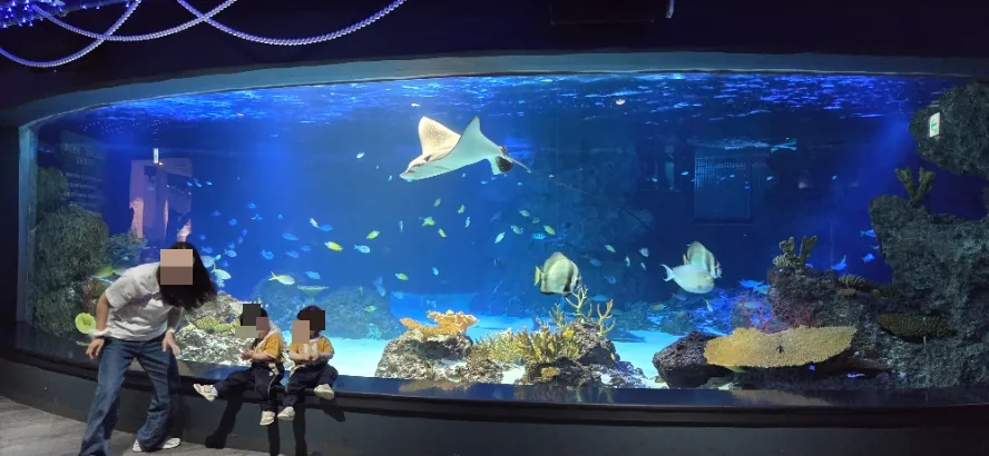 Guests gathering before the mermaid show, near various Aquaplanet Gwanggyo food options.