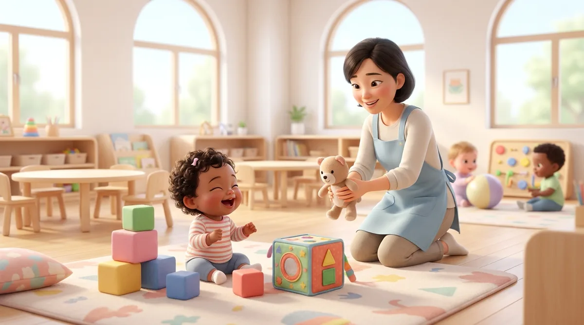 A smiling baby playing with a teacher in a bright childcare room.