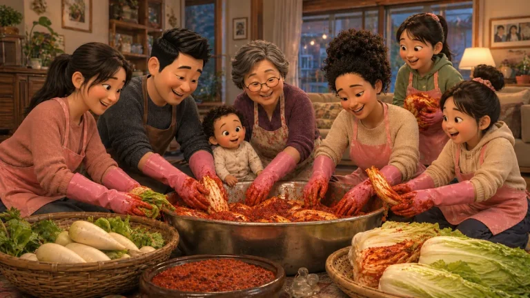 暖かいリビングルームで一緒に多文化家族 キムジャン 韓国をする様子。