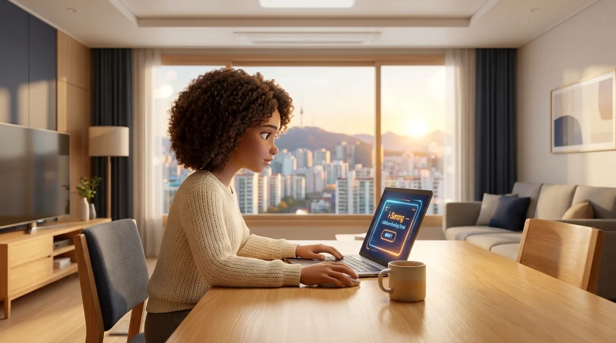 A parent sitting in a living room, looking thoughtfully at a tablet while researching childcare options.
