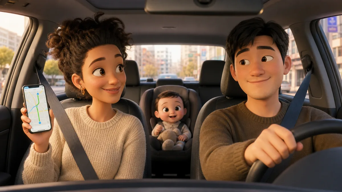 3D Pixar-style illustration of a multicultural family driving safely through a Korean school zone.
