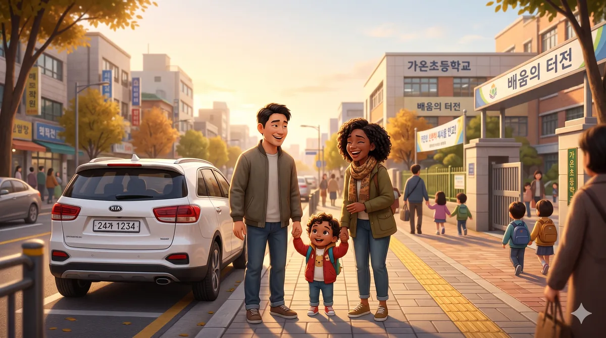 3D Pixar-style illustration of a multicultural family outside a Korean school after navigating school zones safely.