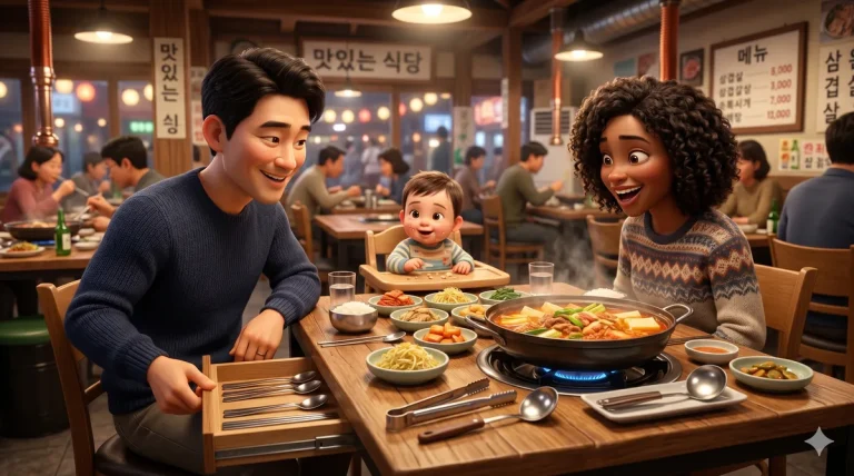 A multicultural family experiencing modern korean restaurant etiquette by using separate serving tongs and plates at a table.
