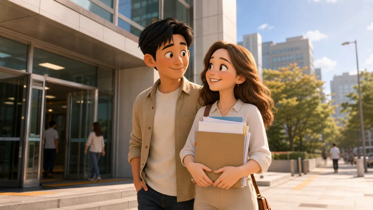 Expat couple leaving a Korean government office after handling social insurance paperwork