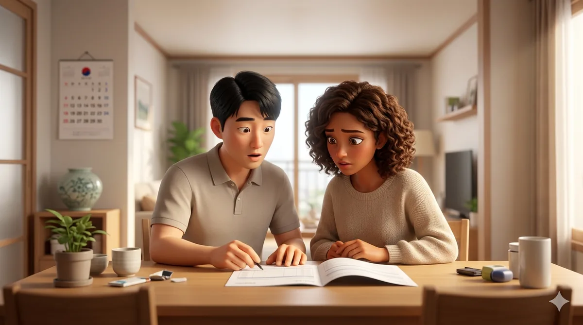 Expat couple looking shocked at the high cost of their post-resignation health insurance bill