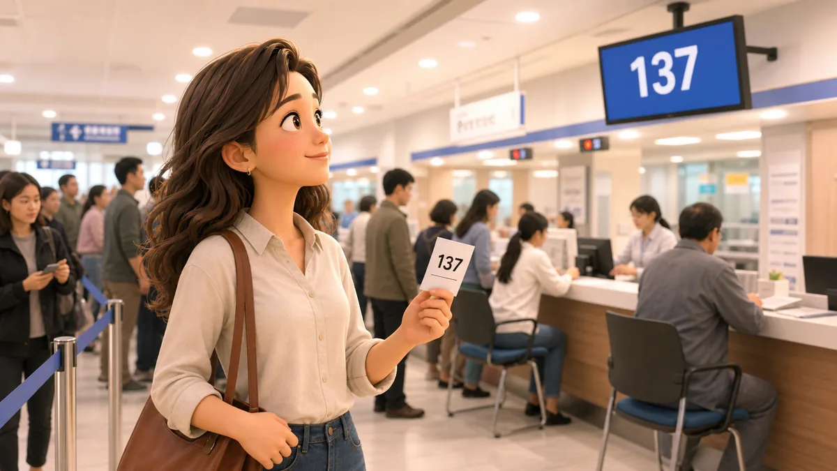 Expat woman holding a queue ticket at the Korean National Health Insurance office