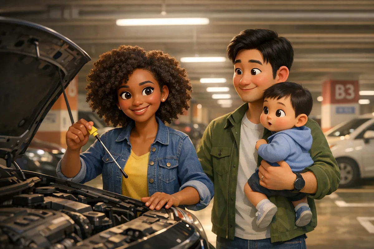 A multicultural family safely checking the engine oil dipstick for car maintenance in Korea.