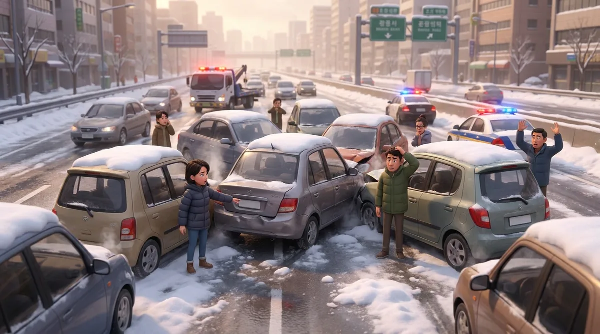 A chaotic multi-car pileup on a snow-covered highway, depicting a severe accident.