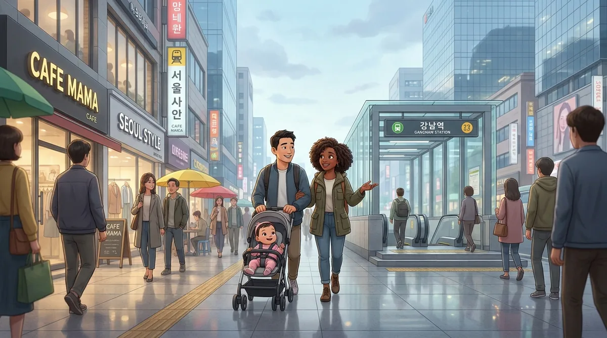 A group of young adults walks down a vibrant city street in Seoul.