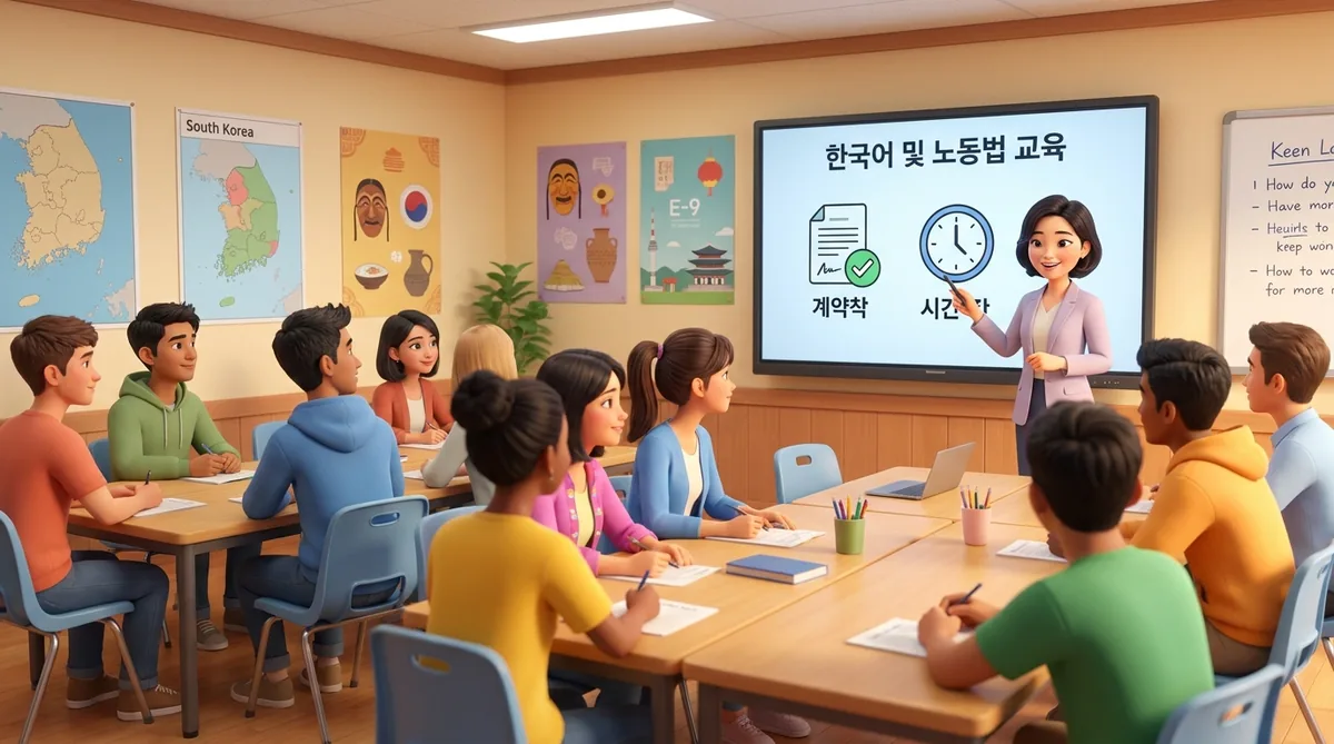 多様な外国人労働者が近代的な教室で研修セッションに参加している様子、韓国 雇用許可制の義務教育を表現