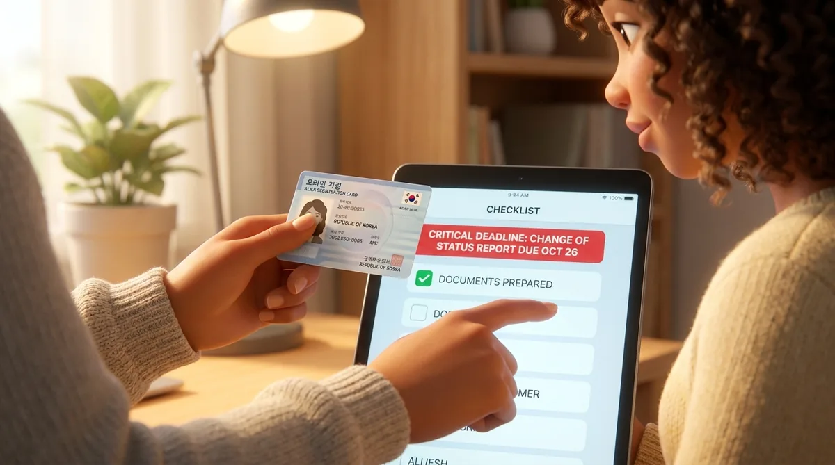 Woman holding a Korean ID card while viewing a checklist on a tablet device.