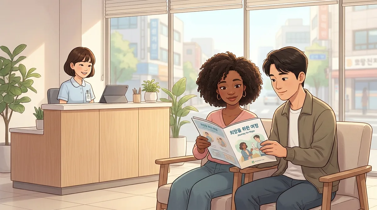 A diverse couple holding hands, smiling hopefully in a modern fertility clinic.