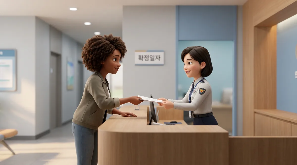 Woman in brown jacket handing document to uniformed officer at reception desk.