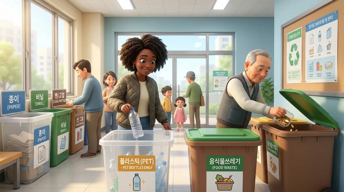 People sorting recyclables into labelled bins at a community recycling center.