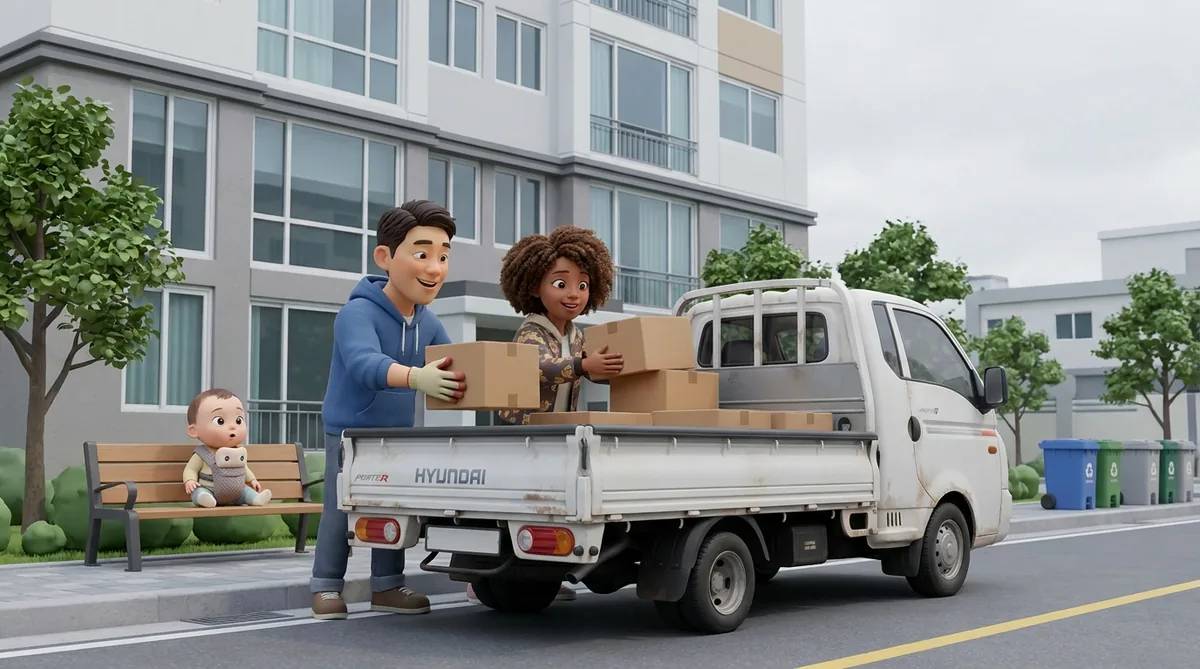 Animated characters loading cardboard boxes onto a white Hyundai delivery truck
