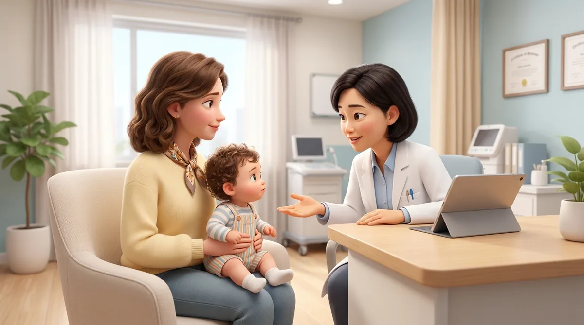 A pediatrician examines a baby held by a parent during a medical check-up.