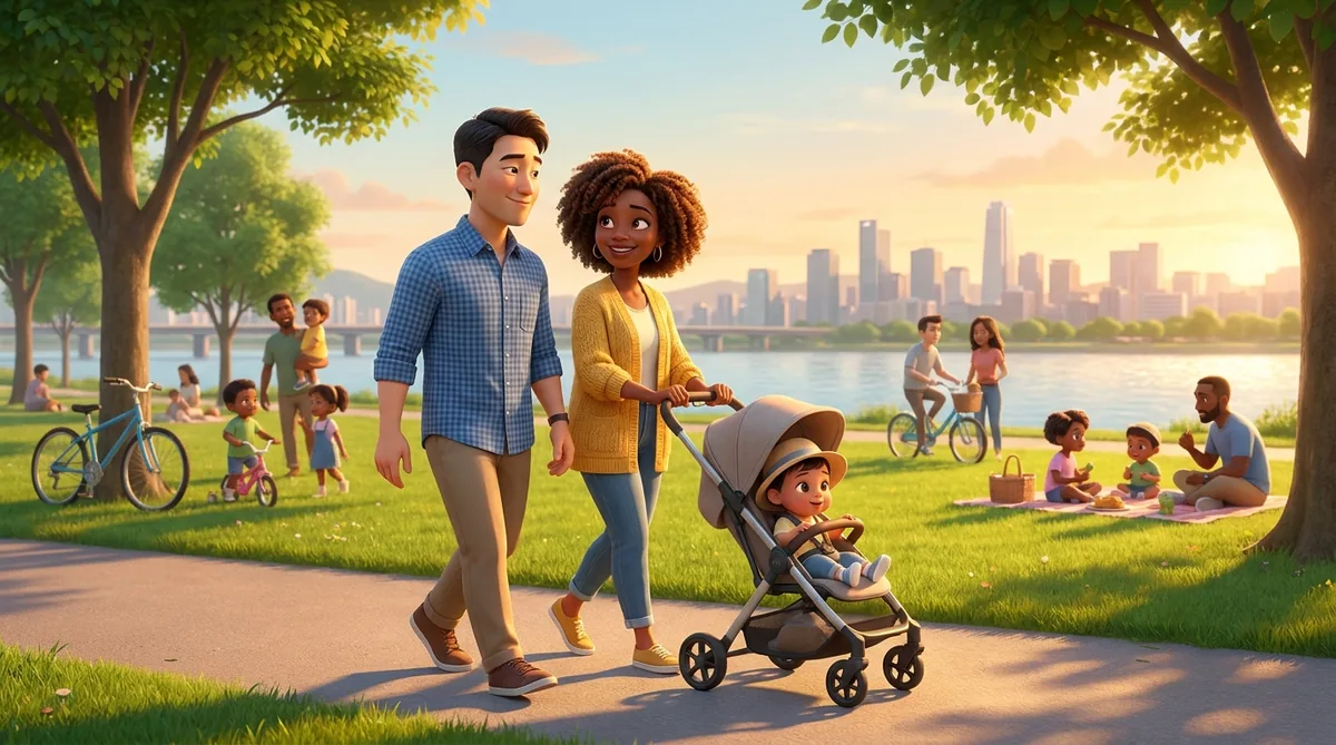 Diverse family walking with stroller in urban waterfront park