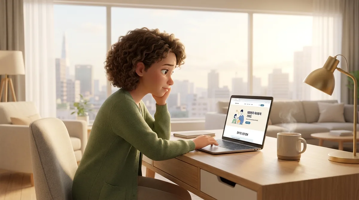 Woman with curly brown hair using laptop in high-rise apartment overlooking city