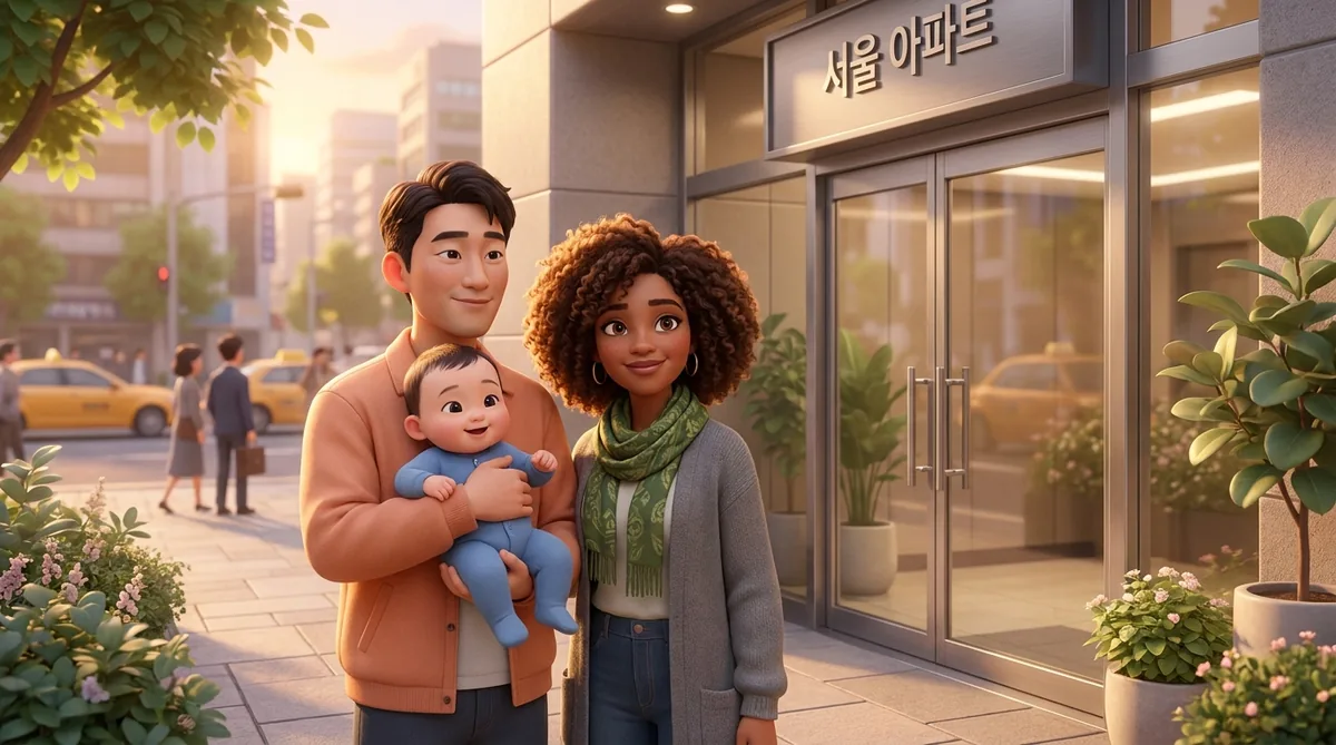 Family of three stands outside a Seoul apartment building at sunset.