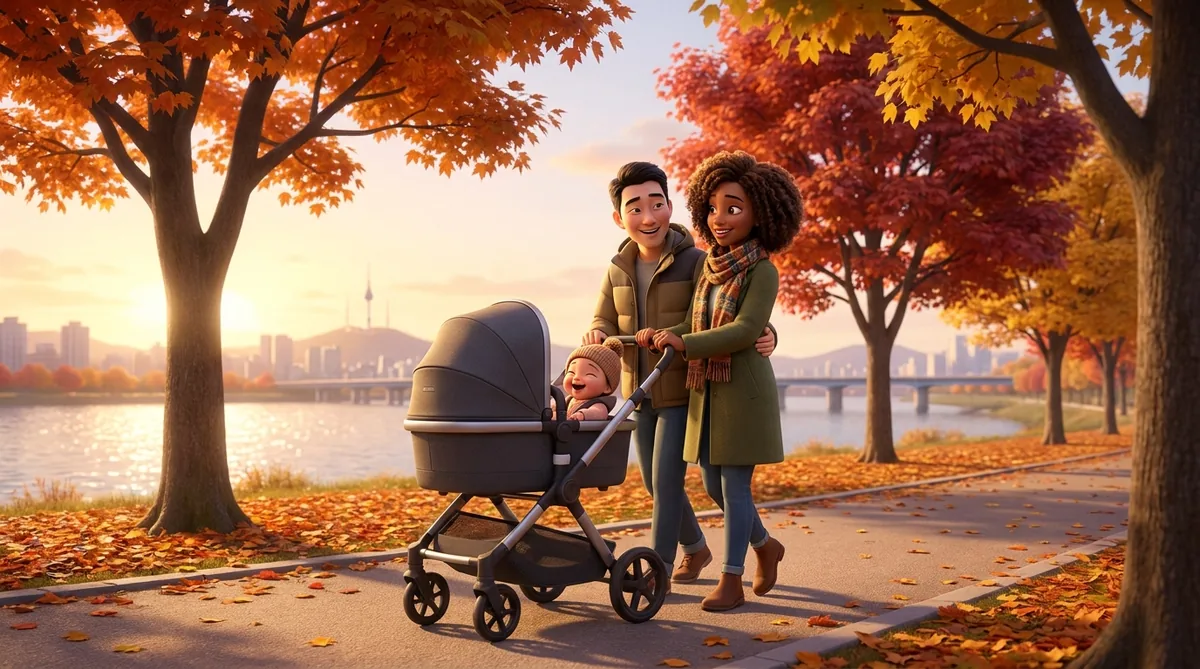 Young family with stroller walks through autumn park beside river.
