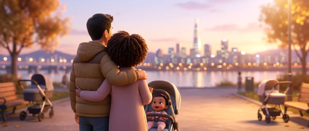 A diverse family with two young children smiling in front of the Han River in Seoul.