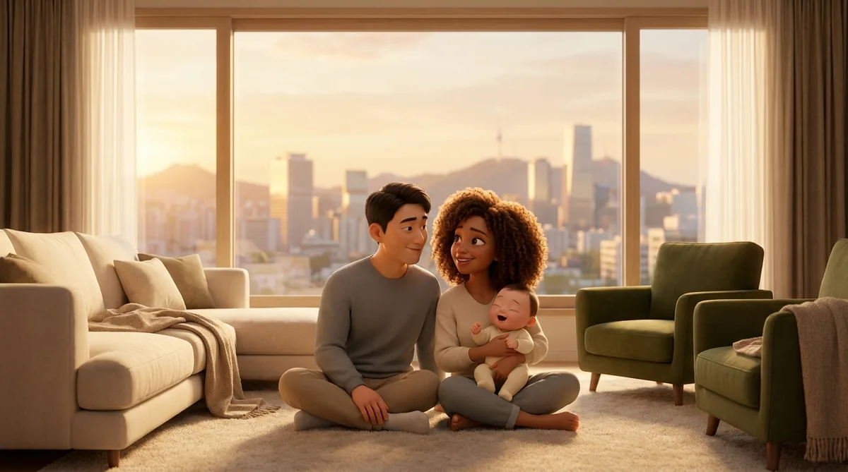 Young family with baby sitting on floor before city skyline.