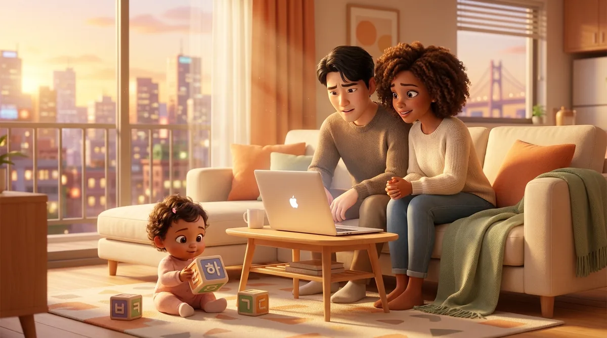 Young family with toddler relaxing in modern apartment overlooking city skyline.