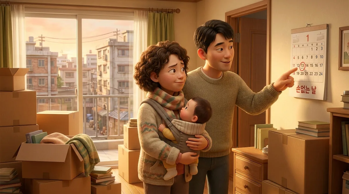 Family with baby in apartment surrounded by moving boxes and calendar.