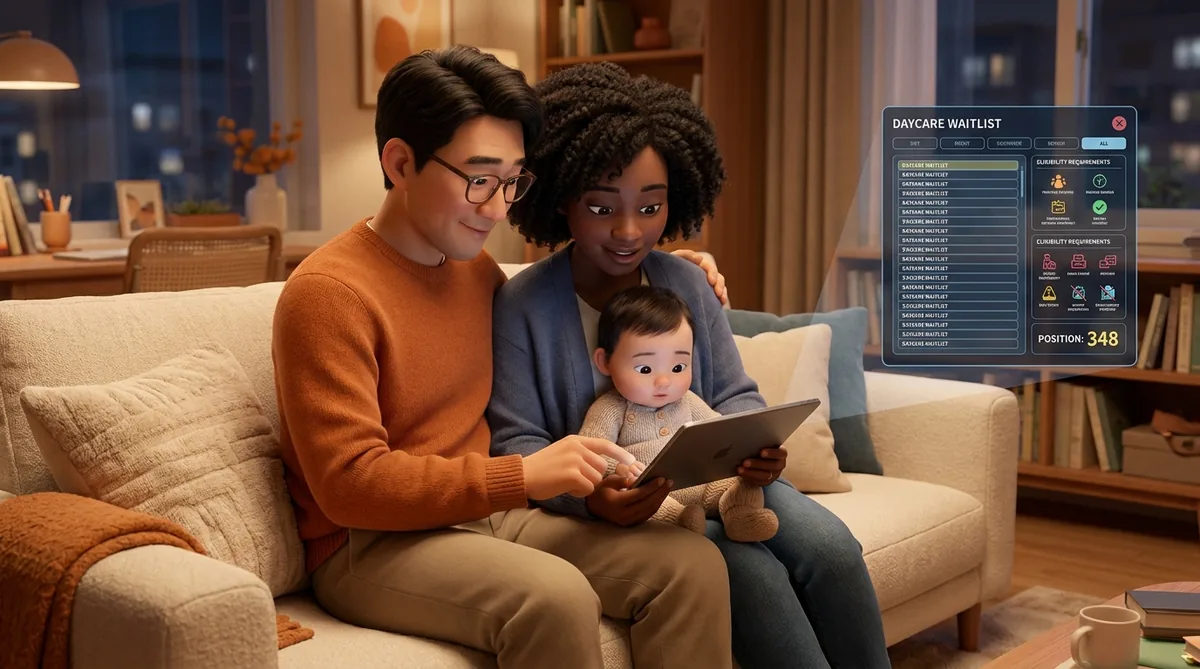Family of three sitting on couch viewing tablet together at home