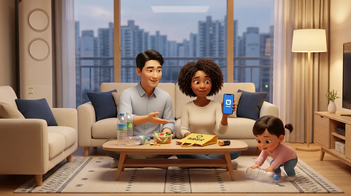 A family of three relaxing on a couch in a modern Korean high-rise apartment living room.