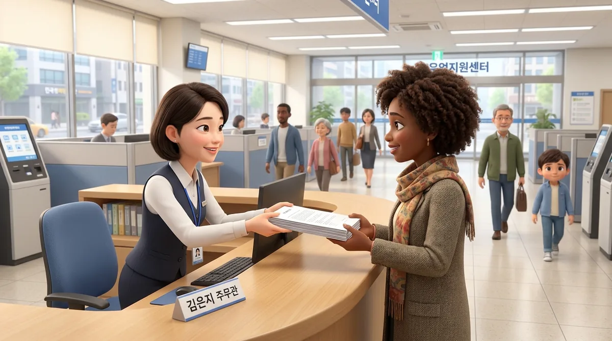 Woman receiving documents from Korean government office worker at counter