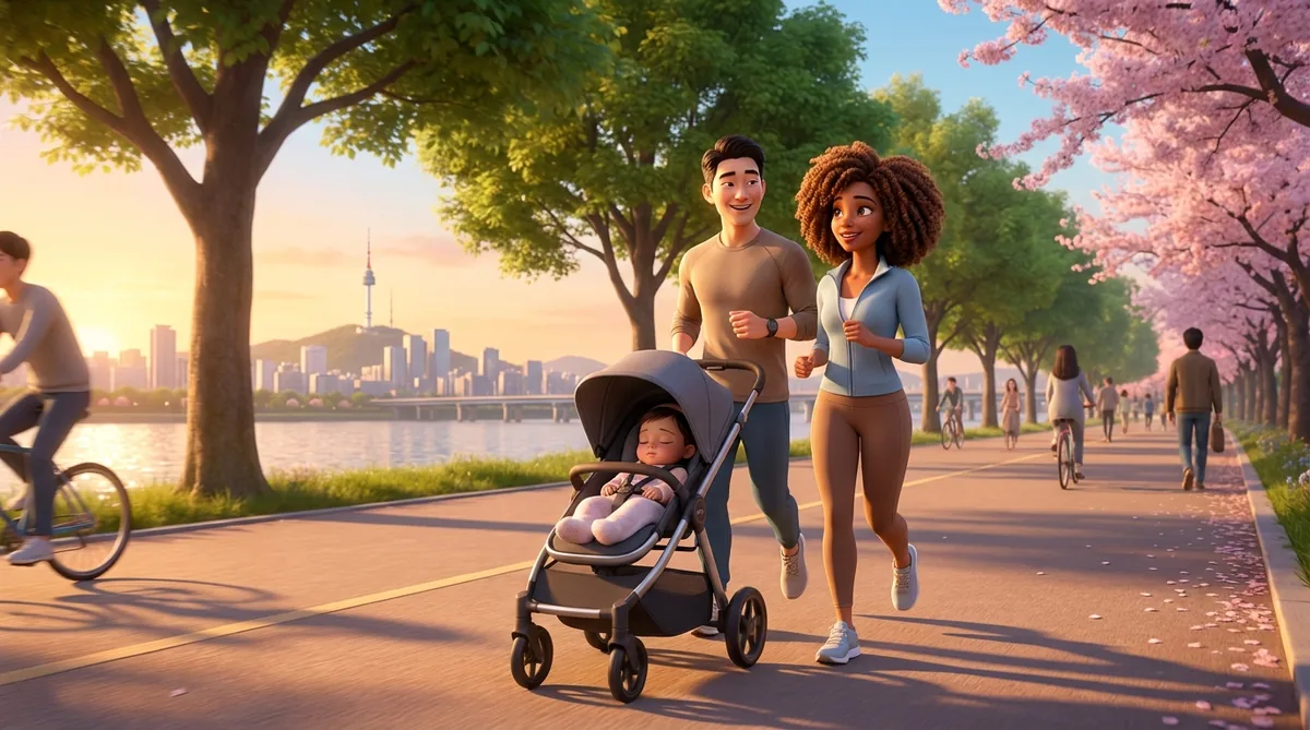 A family walks along the scenic Han River on a sunny day.