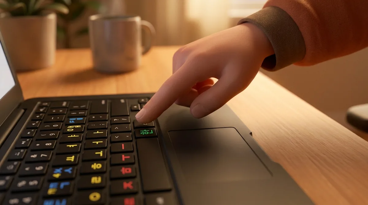 Hand typing on a laptop keyboard with Korean characters visible